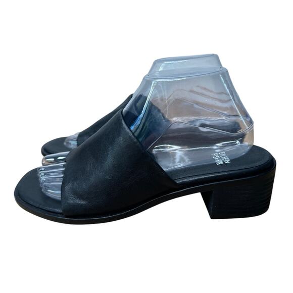 NWOB Eileen Fisher Airy Black Leather Heeled Slide Slip-On Thong Sandal, Size 8 - Picture 1 of 7